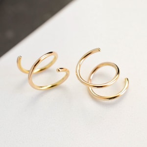 Double hoop spiral threader huggers in real solid 14k yellow or rose gold for sensitive ears, snug fit hoop with a 6.5mm inner diameter