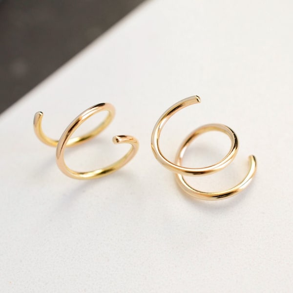 14k Solid Gold Double Hoop Threader Earrings: Mythical Spiral Huggie, Sensitive Ears