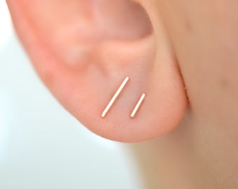 5mm or 9.5mm line staple stud earrings handmade in solid 14k rose or yellow gold for minimalist men or women