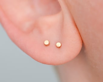 Dainty solid 14k yellow gold flat disk stud earrings for minimalist with multiple piercings for men or women