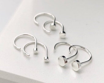 Open hoop hugger in sterling silver, threader earrings for minimalist man or women