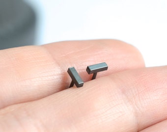 Dainty black bar stud earring in sterling silver for minimalist men or women