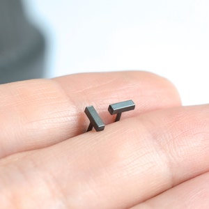 Dainty black bar stud earring in sterling silver for minimalist men or women image 1