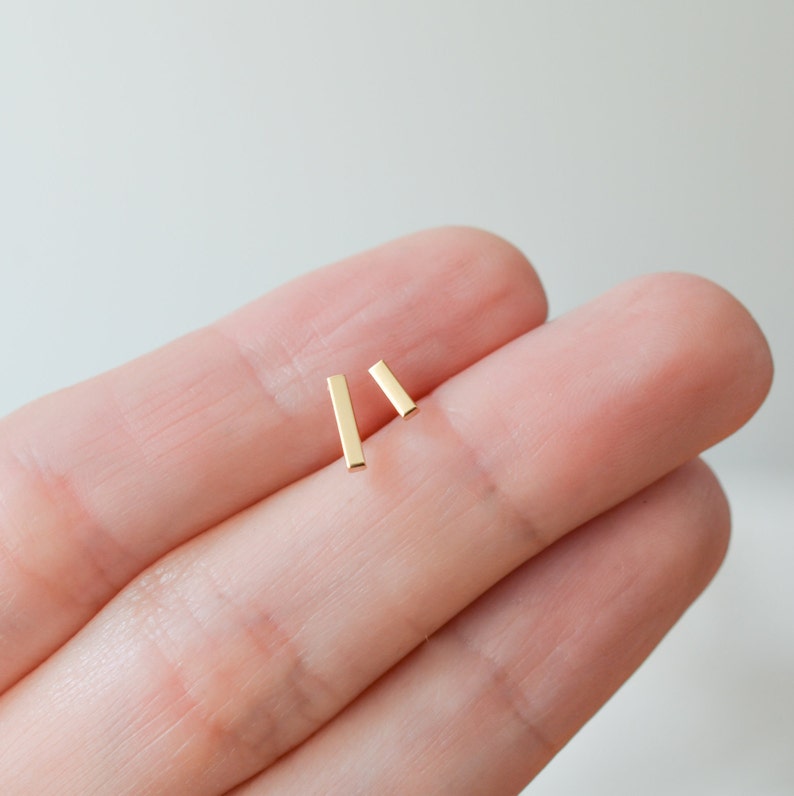 Solid 14k gold staple bar line stud earrings dainty for minimalist men or women with sensitive ears image 7