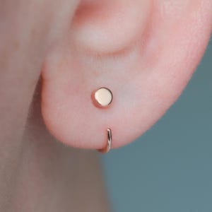 Solid 14k rose gold minimalist ear hugger, tarnish free backless open sleeper hoop earrings quiet luxury for minimalist with sensitive ears
