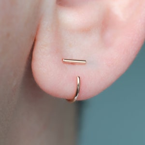 Puede incluir: Un par de pendientes de oro, uno es un aro pequeño y el otro es una barra fina.