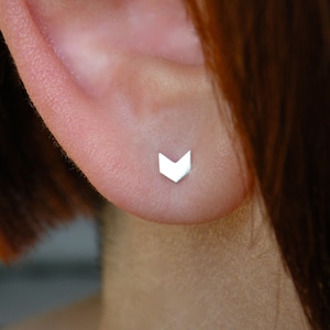 May include: A close-up of a person's ear with a small silver chevron earring.