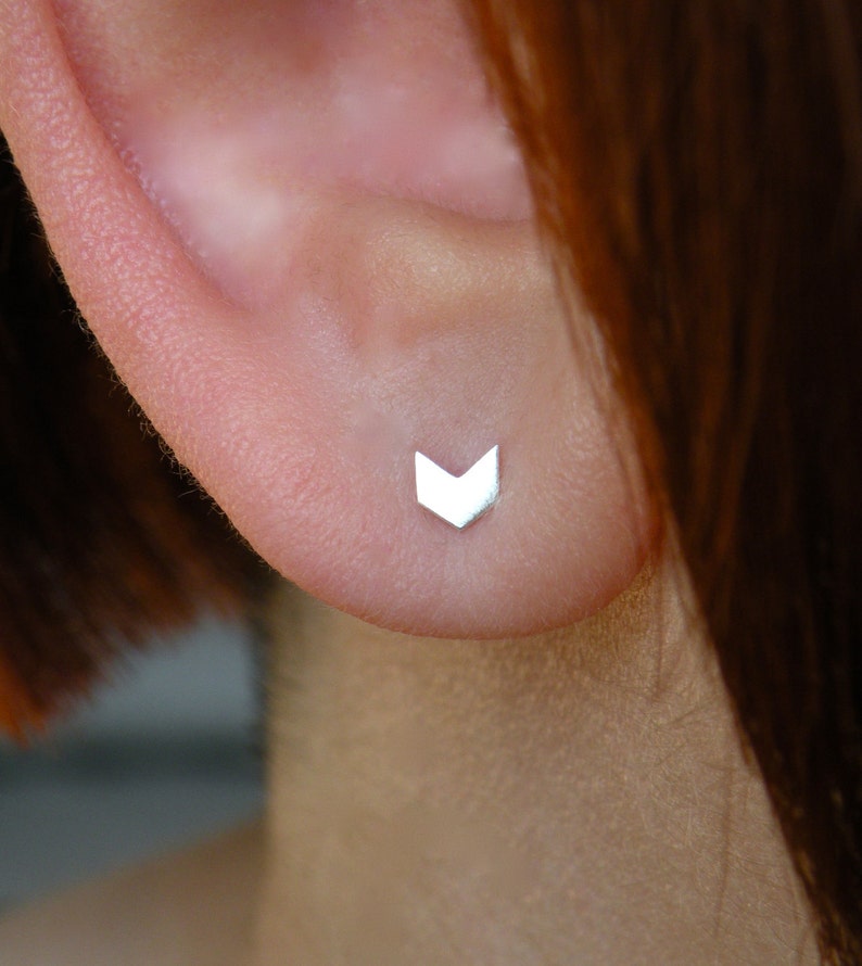 Tiny chevron arrow stud earrings in sterling silver for men and women image 1