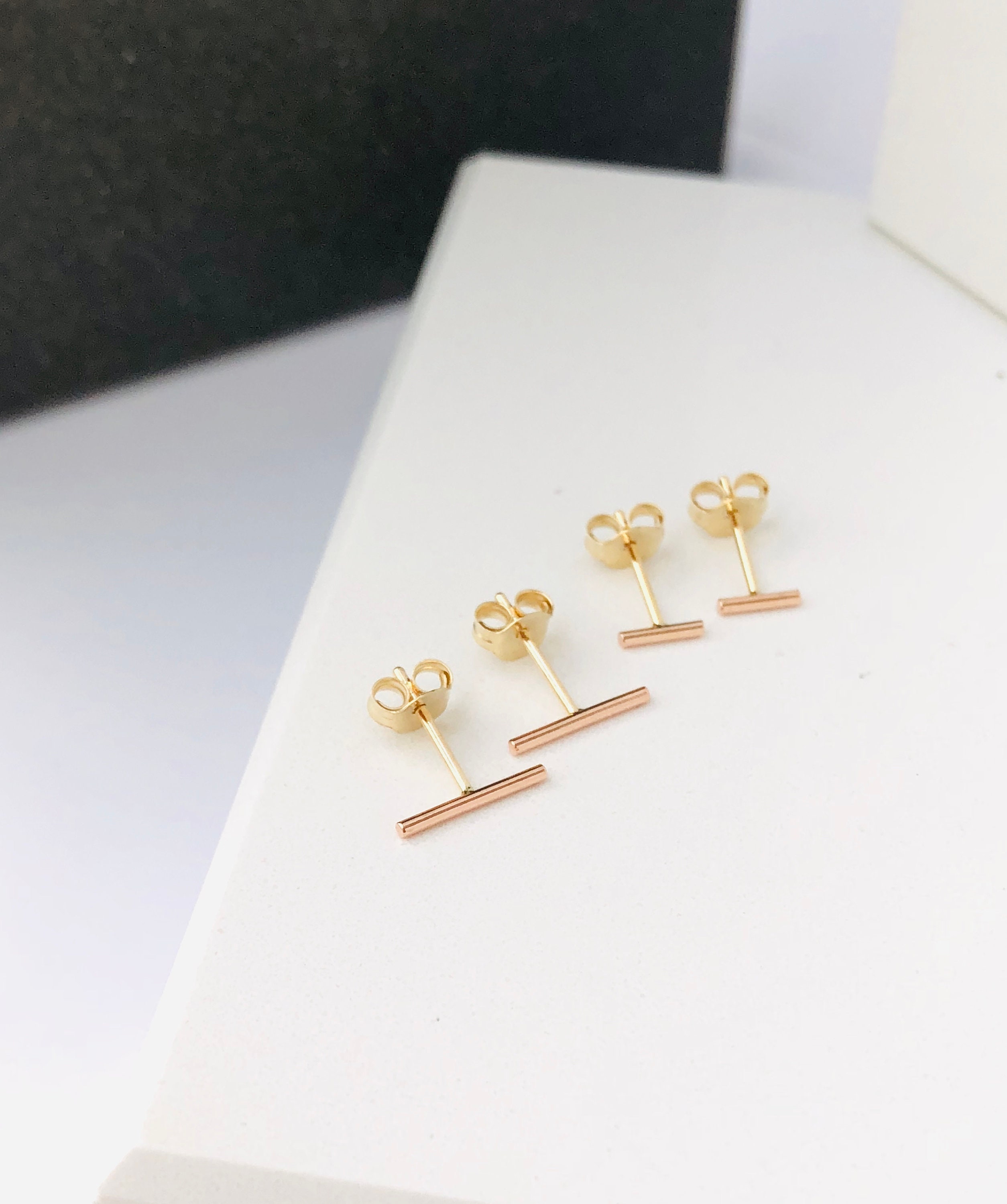 Gold line earrings solid gold stud earrings cartilage bar | Etsy