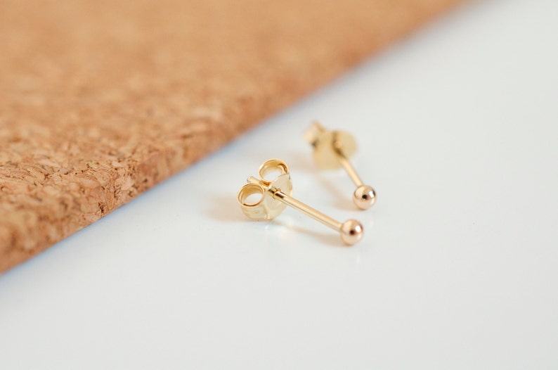 Mini solid 14k yellow gold ball stud earrings for minimalist men, women or for child as a first pair of earrings with sensitive ears image 6
