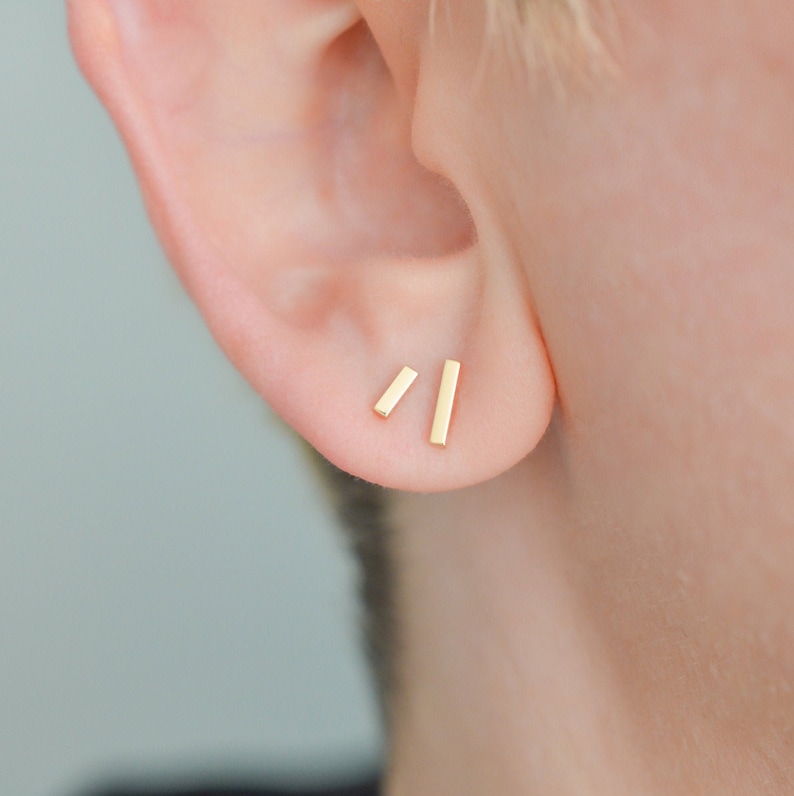 Solid 14k gold staple bar line stud earrings dainty for minimalist men or women with sensitive ears image 1