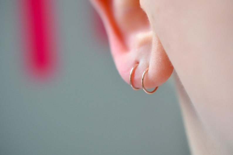 Solid 14k rose gold sleeper hoop earrings with a 9mm inner diameter for earlobe or cartilage image 3