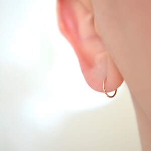 Dainty non allergic solid 14k yellow gold 9mm inner diameter sleeper hoop earrings for earlobe or cartilage image 2