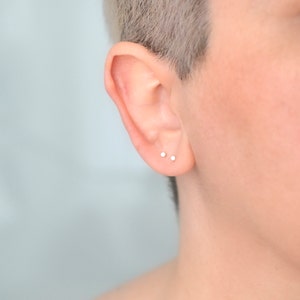 Pair of 2mm circle dot stud earrings in solid sterling silver for minimalist men or women snake bite ear piercing image 6