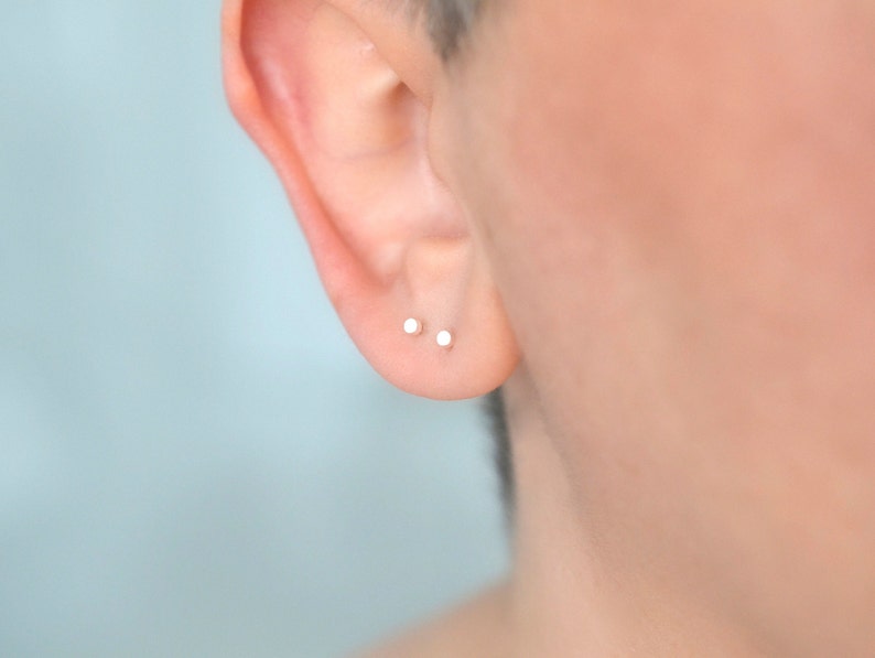 Pair of 2mm circle dot stud earrings in solid sterling silver for minimalist men or women snake bite ear piercing image 7