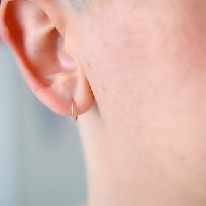 Dainty non allergic solid 14k yellow gold 9mm inner diameter sleeper hoop earrings for earlobe or cartilage image 6