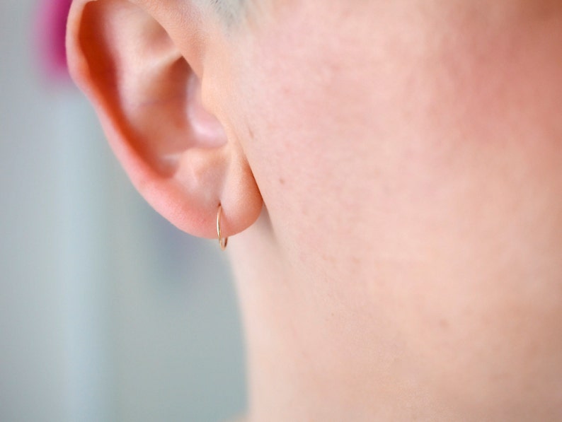 Dainty non allergic solid 14k yellow gold 9mm inner diameter sleeper hoop earrings for earlobe or cartilage image 6
