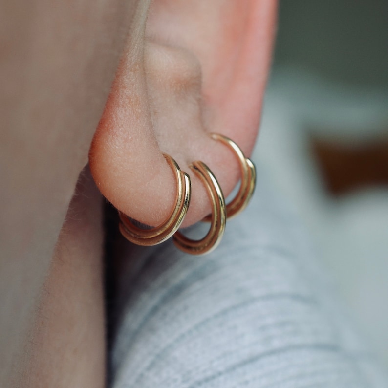 Double layer hoop earrings in solid 14k yellow gold with 8mm inner diameter image 1