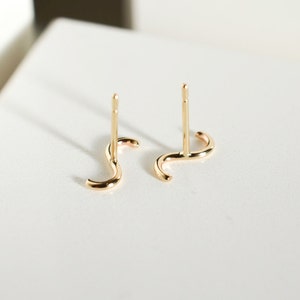 Memphis inspired wavy squiggle in solid 14k yellow gold stud earrings for minimalist men and women with sensitive ears image 5