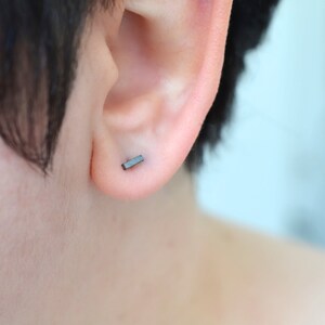 Dainty black bar stud earring in sterling silver for minimalist men or women image 5