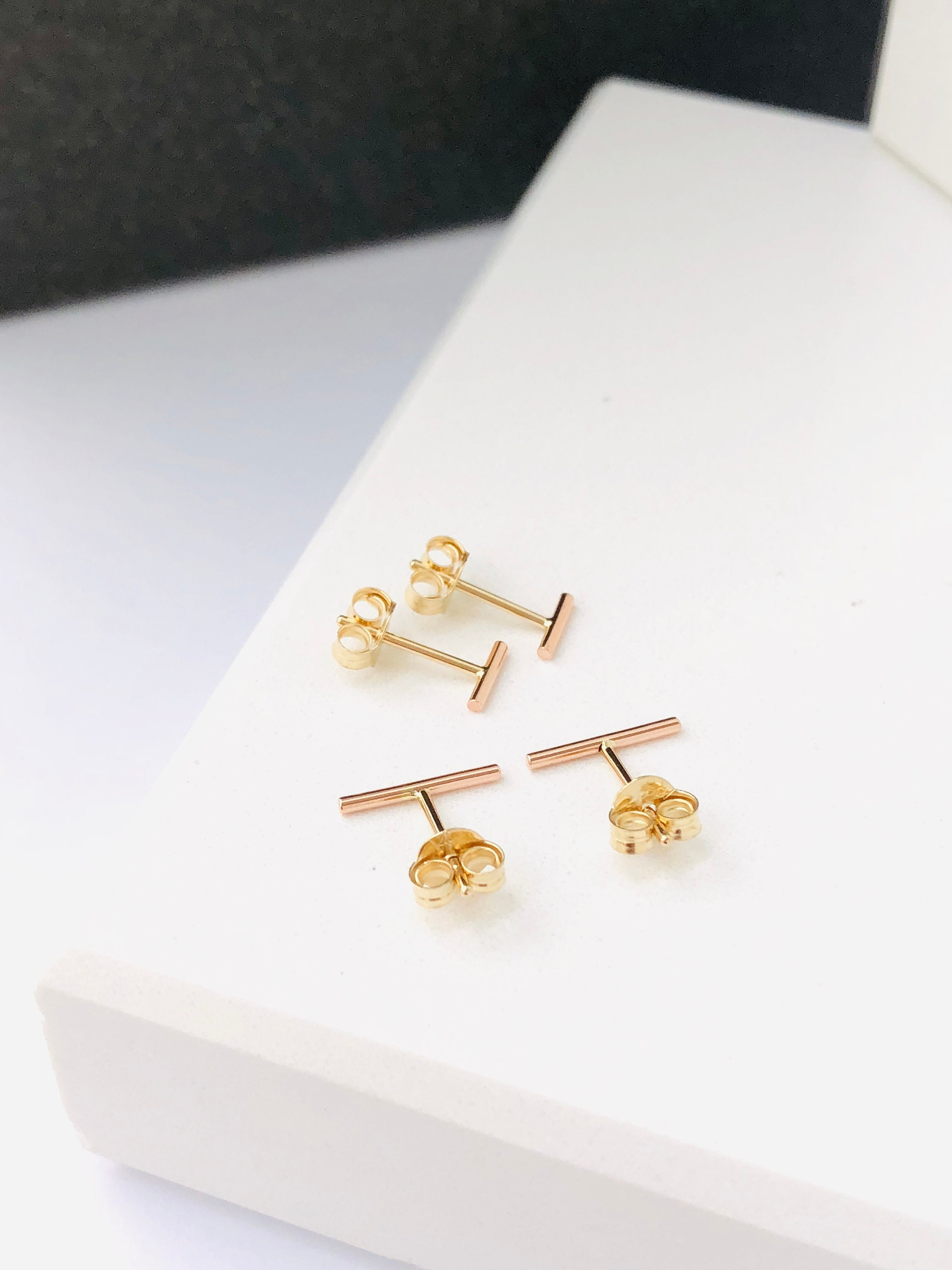 Gold line earrings solid gold stud earrings cartilage bar | Etsy