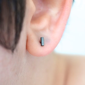 Dainty black bar stud earring in sterling silver for minimalist men or women image 3