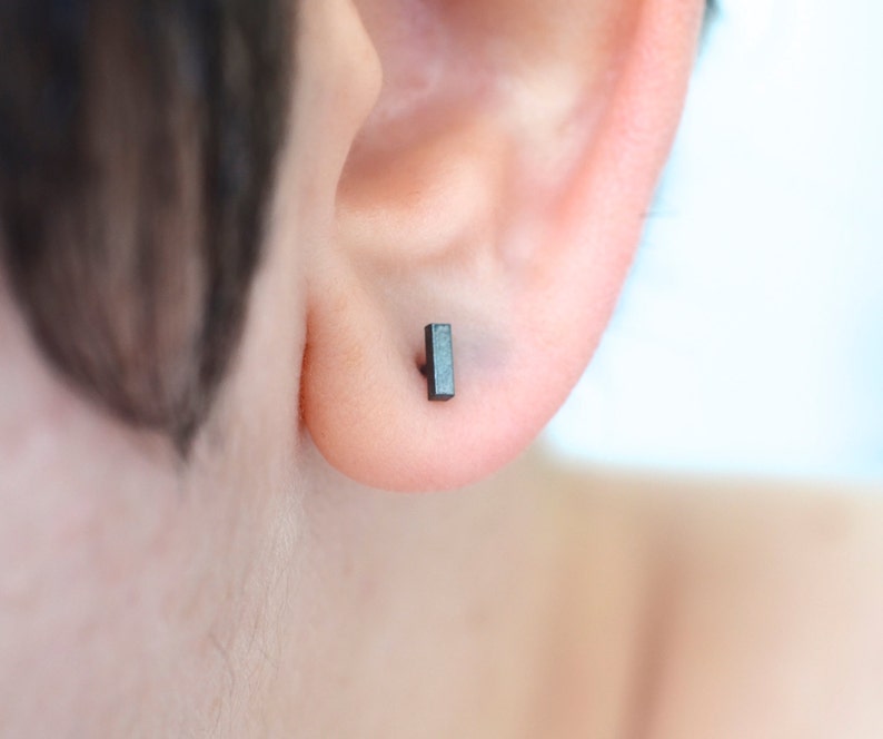 Dainty black bar stud earring in sterling silver for minimalist men or women image 3