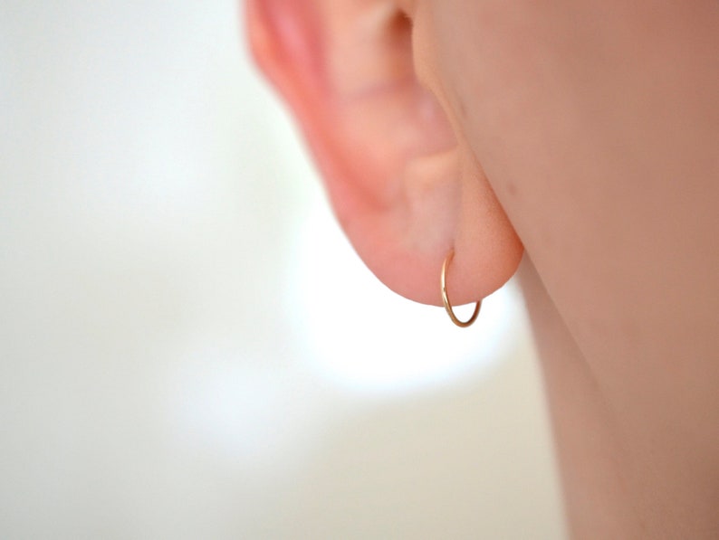 Dainty non allergic solid 14k yellow gold 9mm inner diameter sleeper hoop earrings for earlobe or cartilage image 5
