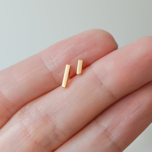 Solid 14k gold staple bar line stud earrings dainty for minimalist men or women with sensitive ears image 6