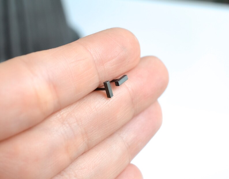 Dainty black bar stud earring in sterling silver for minimalist men or women image 4