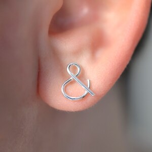 Monogram ampersand silver stud earrings, gift for her, dainty stud earrings, gift for bridesmaid, gift for teacher image 2