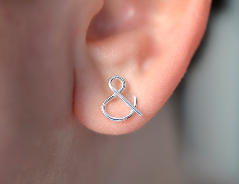 Monogram ampersand silver stud earrings, gift for her, dainty stud earrings, gift for bridesmaid, gift for teacher image 2