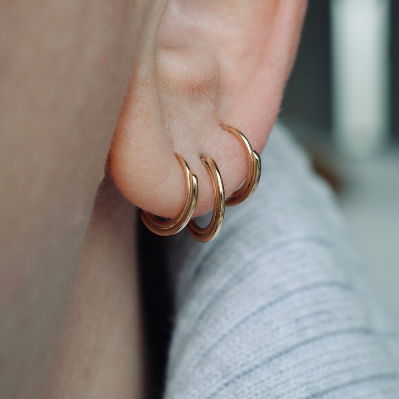 Double layer hoop earrings in solid 14k yellow gold with 8mm inner diameter image 8