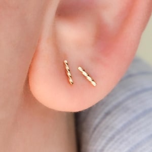 Solid 14k yellow gold twisted tiny rope shaped bar dainty stud earrings gift for her for earlobe or cartilage Valentines Day gift