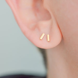 Solid 14k gold staple bar line stud earrings dainty for minimalist men or women with sensitive ears Pair 5mm