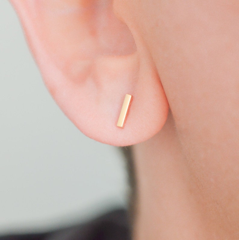 Solid 14k gold staple bar line stud earrings dainty for minimalist men or women with sensitive ears Single 8mm