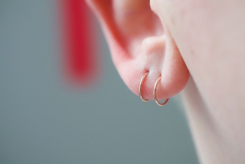 Solid 14k rose gold sleeper hoop earrings with a 9mm inner diameter for earlobe or cartilage image 4