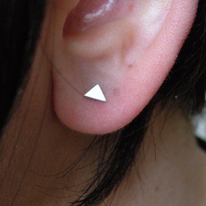 Little triangle stud earrings in sterling silver for minimalist men or women with single or multiple piercings image 1