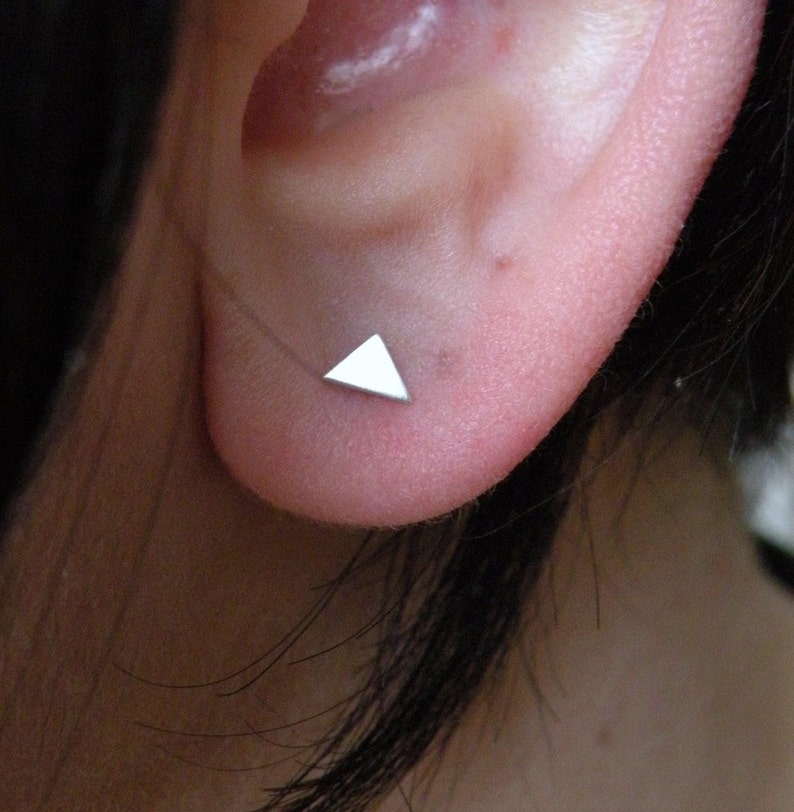 Little triangle stud earrings in sterling silver for minimalist men or women with single or multiple piercings image 1