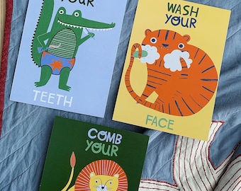 Prints for the Bathroom, comb your hair, wash your face, brush your teeth