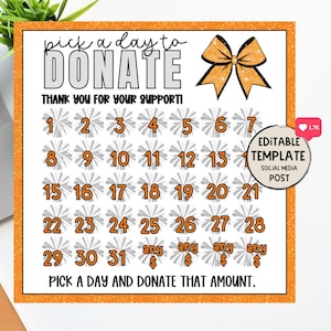Orange und schwarze Cheerleader Wählen Sie ein Datum zu spenden | Social Media Spendenkalender für die Schule | Jubel-Spendenaktion | Wähle einen Tageskalender