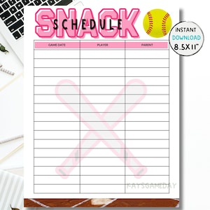 Puede incluir: Un horario de refrigerios de softbol imprimible con un gráfico de bate de béisbol rosa y blanco y una pelota de softbol amarilla. El horario tiene columnas para la fecha del juego, el jugador y el padre. El texto "SNACK SCHEDULE" está en letras rosas con un contorno blanco. El texto "INSTANT DOWNLOAD 8.5X11" está en letras rosas con un contorno blanco.