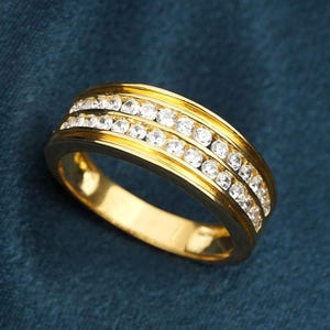 Men&#39;s Gold Ring, Round Moissanite/Diamond Band Ring, Channel Set Double Row Diamond 925 Silver Band Ring, Unique Gold Band Men Gift For Him