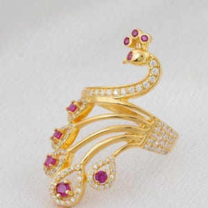 Peacock Gold Women’s Ring, Round Cut Multi-Stone Peacock Ring, Purple Amethyst Gold Diamond Ring, Vintage Peacock Fashion Ring, Gift For Her