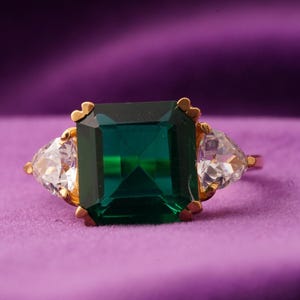 Green Emerald Three Stone Ring, 14K Yellow Gold Green Diamond Wedding Ring, Handmade Classic Ring Gift For Her 925 Sterling Silver Ring
