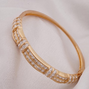 Round Diamond Cluster Dainty Moissanite Bangle, 14K Yellow Gold Bracelet Bangle, 925 Sterling Silver Bangle For Women, Wedding Gift For Her