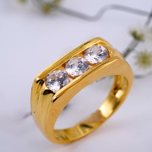 Men&#39;s Moissanite Band Ring, Three Stone Diamond Band Ring For Men&#39;s, 14K Gold Plated Band Ring, 925 Sterling Silver Band Ring Gift For Him