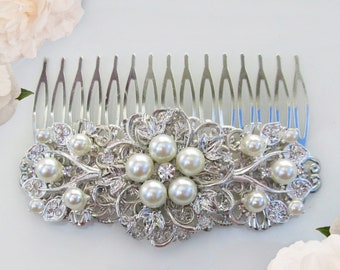 Pearl Bridal comb, Wedding hair clip, ivory pearl & silver, Vintage style, Wedding Comb, Decorative comb, wedding accessories, Crystal  Clip