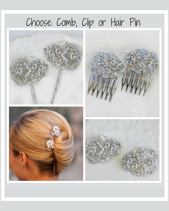 2 Clear Crystal Wedding Hair Clip Bridal Bobby Pin Etsy