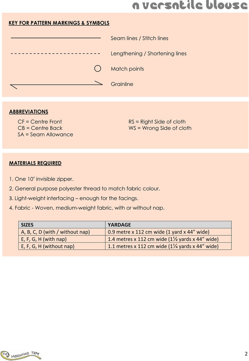 May include: A sewing pattern for a versatile blouse with instructions for different sizes and yardage requirements. The pattern includes a key for pattern markings and symbols, abbreviations, and materials required.